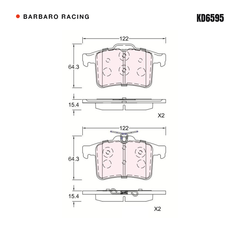 Barbaro Racing KD6595 brake pad shape drawing - 122 x 64.3 x 15.4 mm