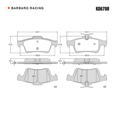 Barbaro Racing KD6708 brake pad shape drawing - 123.2 x 51.9 x 15.7 mm