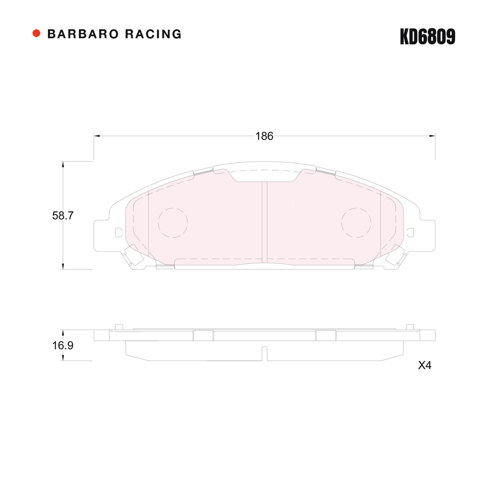 Barbaro Racing KD6809 brake pad shape drawing - 186.1 x 58.8 x 16.9 mm