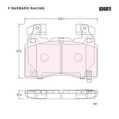 Barbaro Racing KD6811 brake pad shape drawing - 132.1 x 97.6 x 15.3 mm