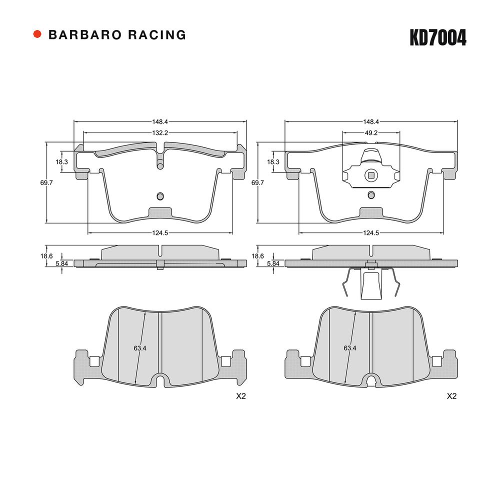 Barbaro Racing KD7004 brake pad shape drawing - 148.4 x 69.7 x 18.6 mm