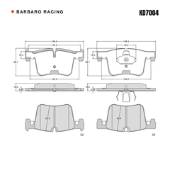Barbaro Racing KD7004 brake pad shape drawing - 148.4 x 69.7 x 18.6 mm