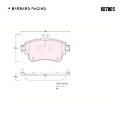 Barbaro Racing KD7005 brake pad shape drawing - 129 x 71.5 x 18.6 mm