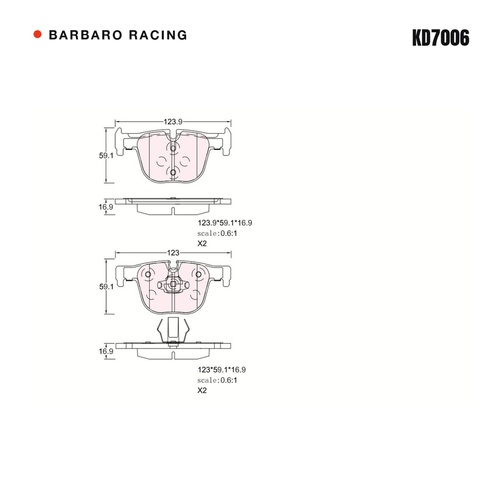 Barbaro Racing KD7006 brake pad shape drawing - 123.9 x 59 x 16.9 mm