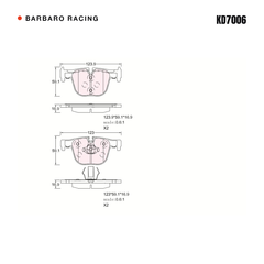 Barbaro Racing KD7006 brake pad shape drawing - 123.9 x 59 x 16.9 mm