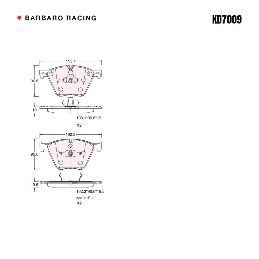 Barbaro Racing KD7009 brake pad shape drawing - 193.1 x 96.5 x 19 mm