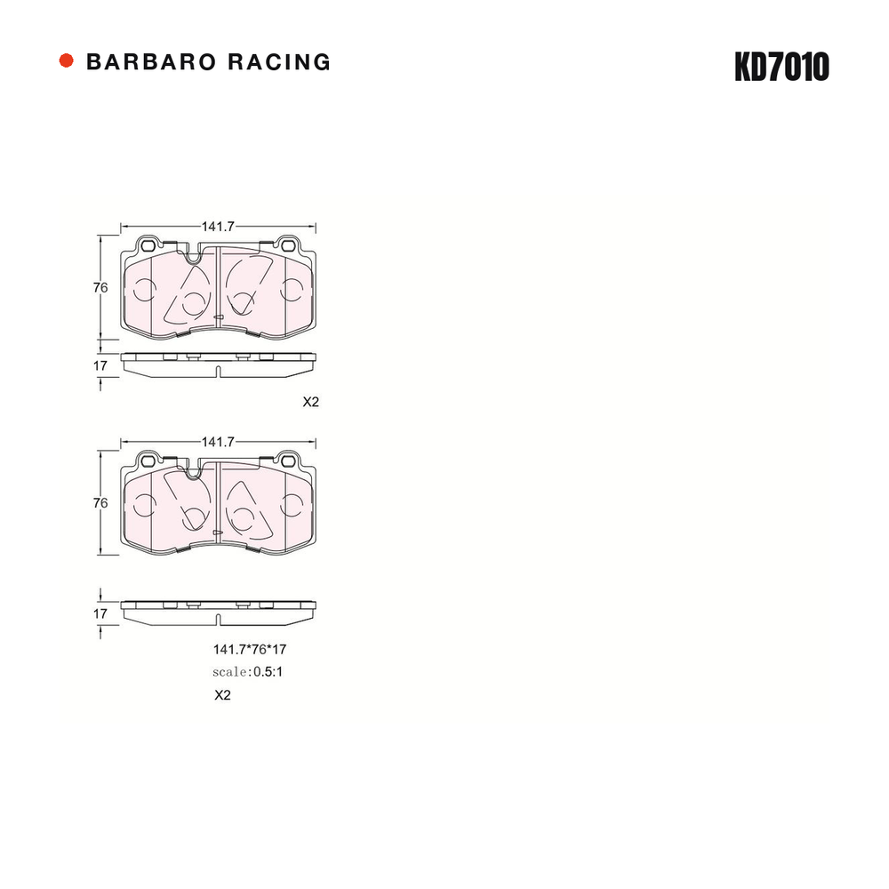 Barbaro Racing KD7010 brake pad shape drawing - 141.7 x 75.9 x 17 mm