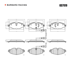 Barbaro Racing KD7019 brake pad shape drawing - 160.3 x 64.7 x 19.6 mm
