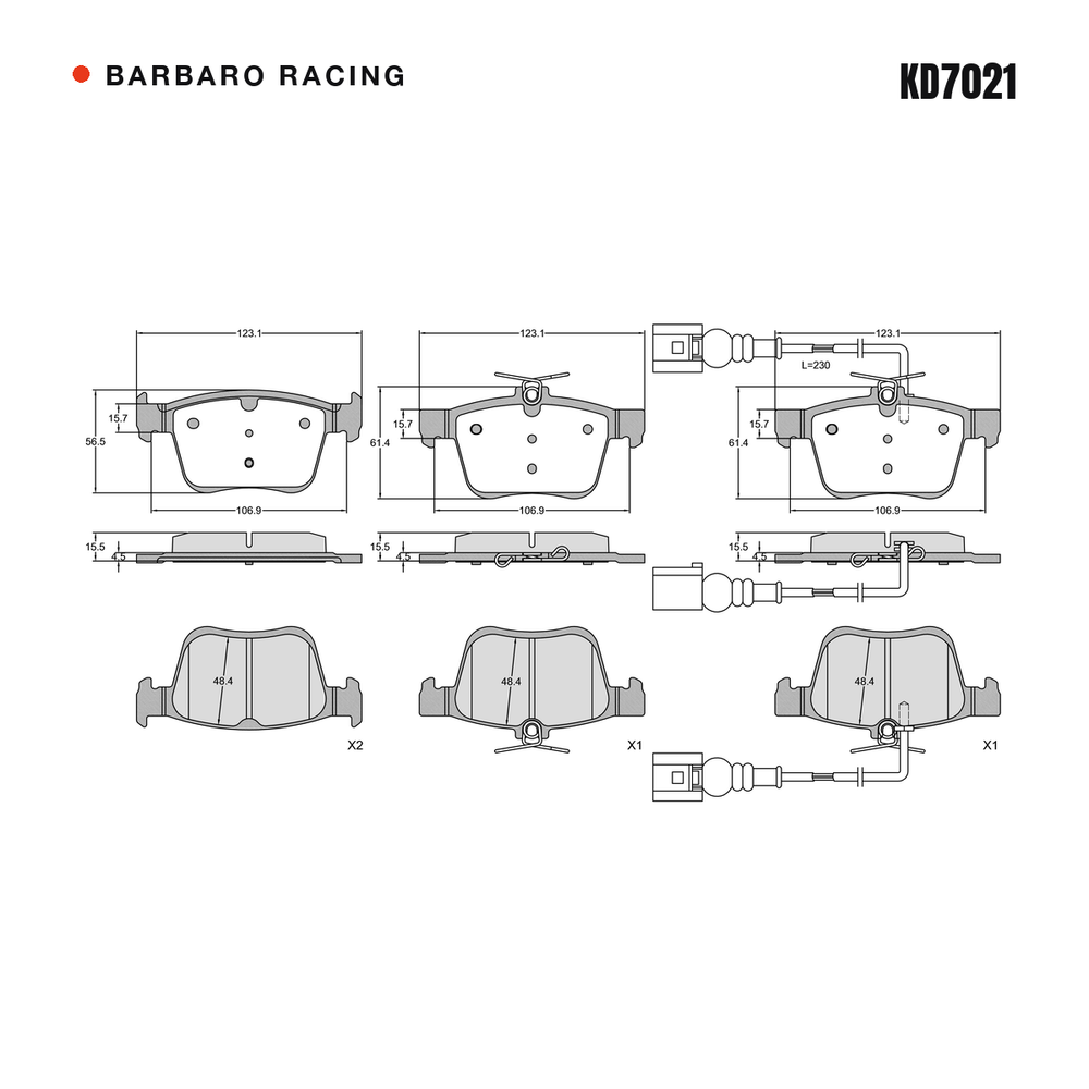 Barbaro Racing KD7021 brake pad shape drawing - 123.1 x 61.4 x 15.5 mm