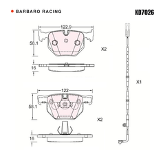 Barbaro Racing KD7026 brake pad shape drawing - 122.9 x 58.1 x 16 mm
