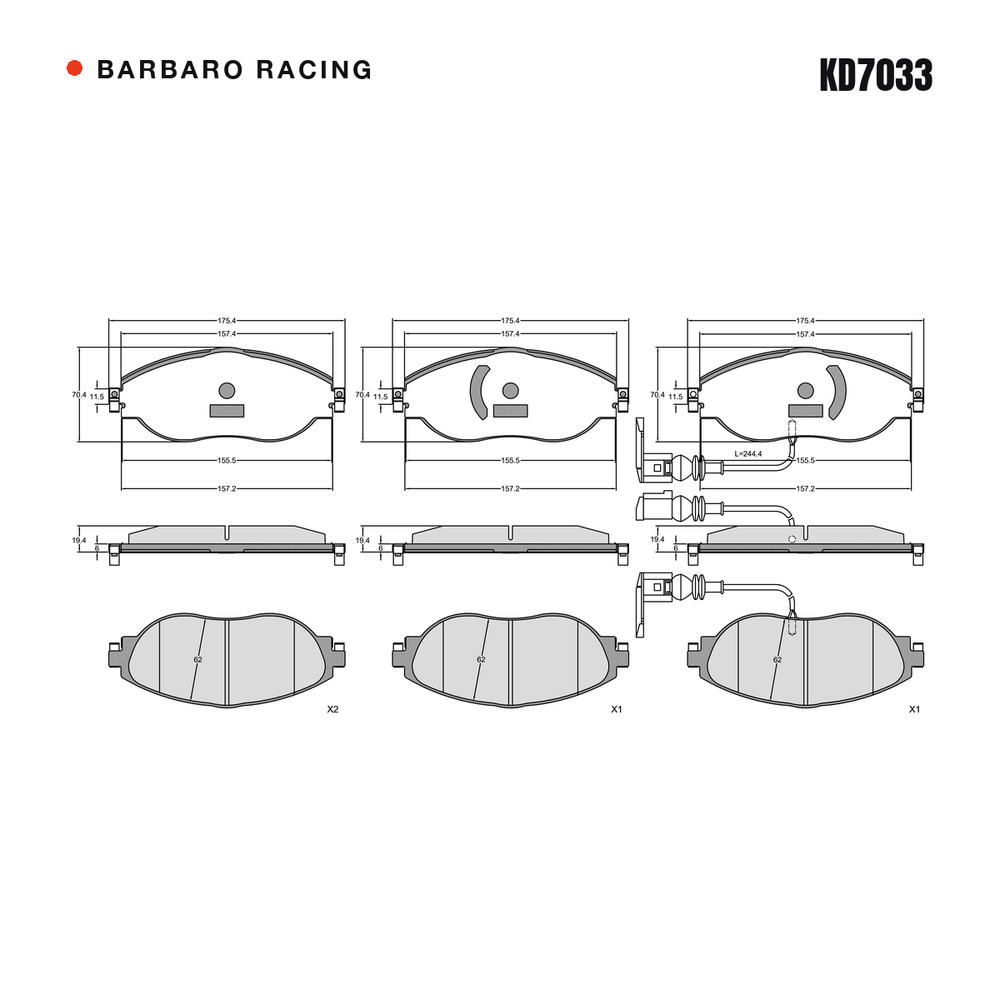 Barbaro Racing KD7033 brake pad shape drawing - 175.4 x 70.4 x 19.4 mm