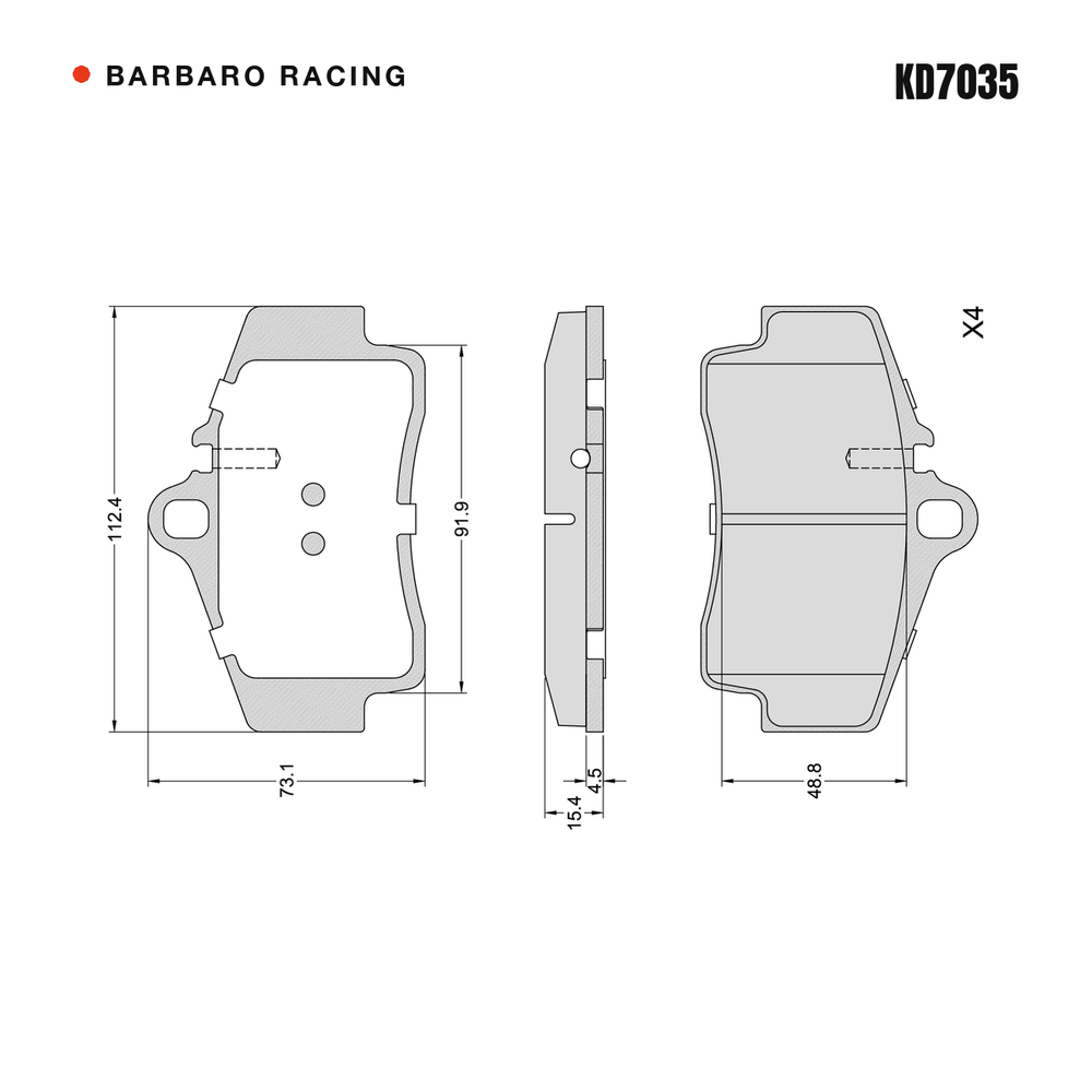 Barbaro Racing KD7035 brake pad shape drawing - 112.4 x 73.1 x 15.4 mm