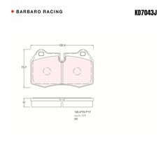 Barbaro Racing KD7043J brake pad shape drawing - 120.4 x 73.7 x 17 mm