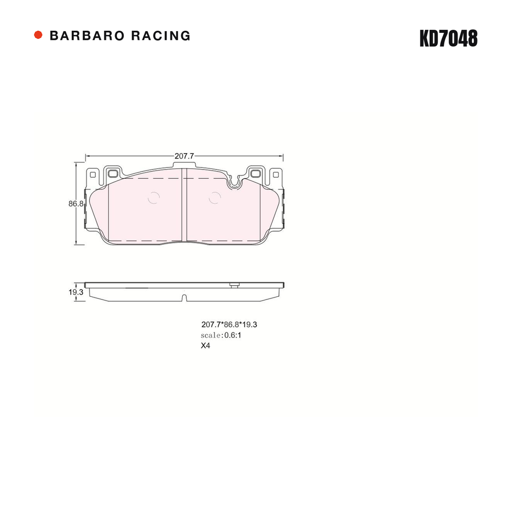 Barbaro Racing KD7048 brake pad shape drawing - 207.7 x 86.8 x 19.3 mm