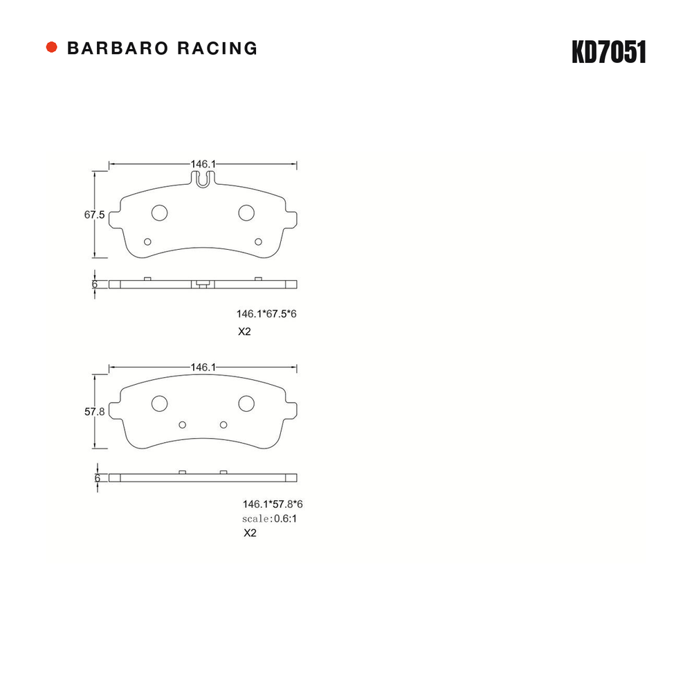 Barbaro Racing KD7051 brake pad shape drawing - 146.1 x 67.5 mm