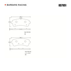 Barbaro Racing KD7051 brake pad shape drawing - 146.1 x 67.5 mm