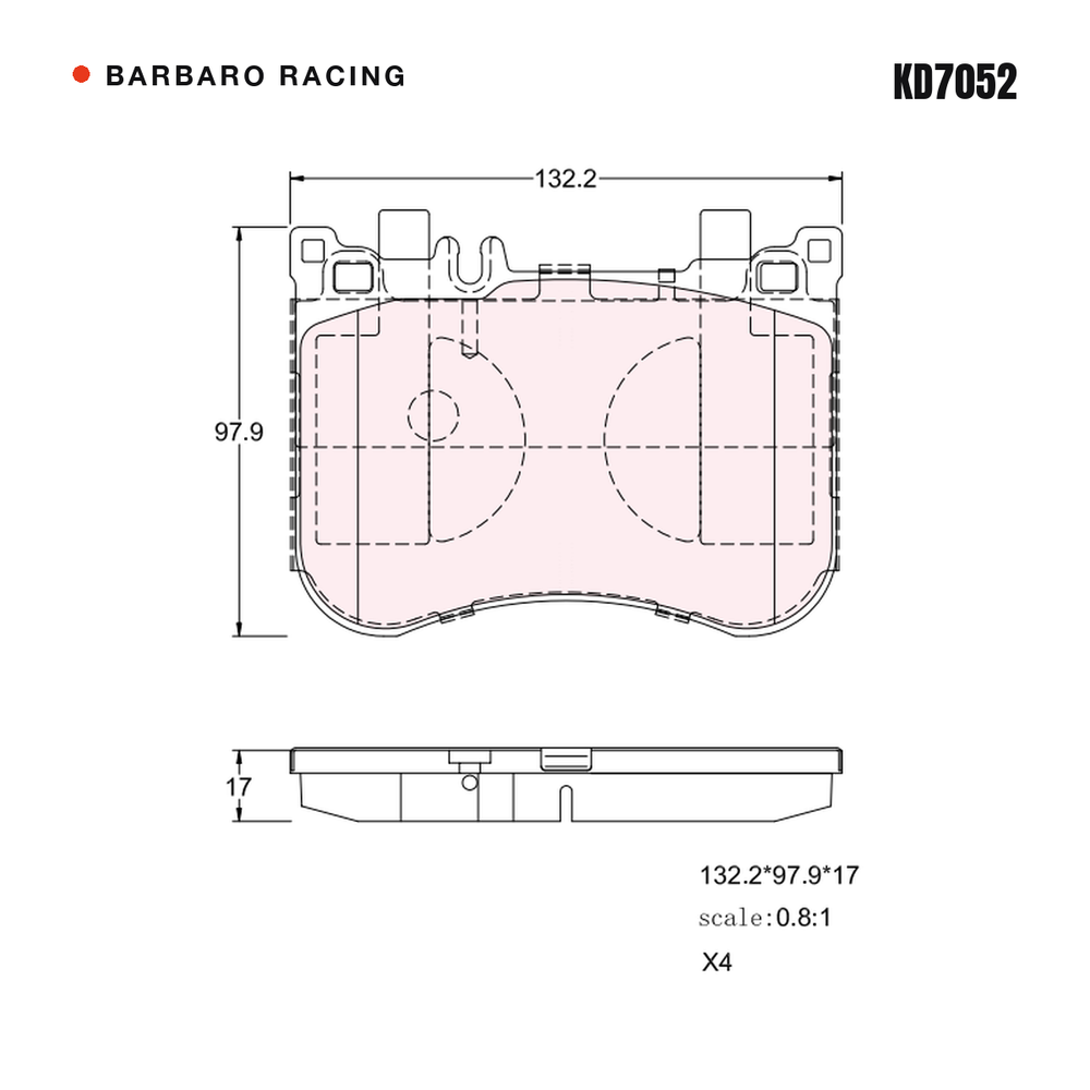 Barbaro Racing KD7052 brake pad shape drawing - 132.3 x 97.9 x 17 mm