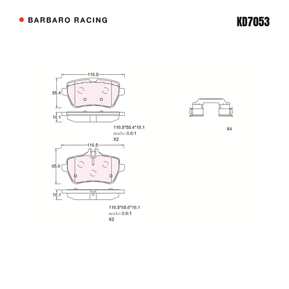Barbaro Racing KD7053 brake pad shape drawing - 116.5 x 55.3 x 18.1 mm