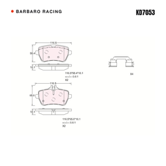 Barbaro Racing KD7053 brake pad shape drawing - 116.5 x 55.3 x 18.1 mm