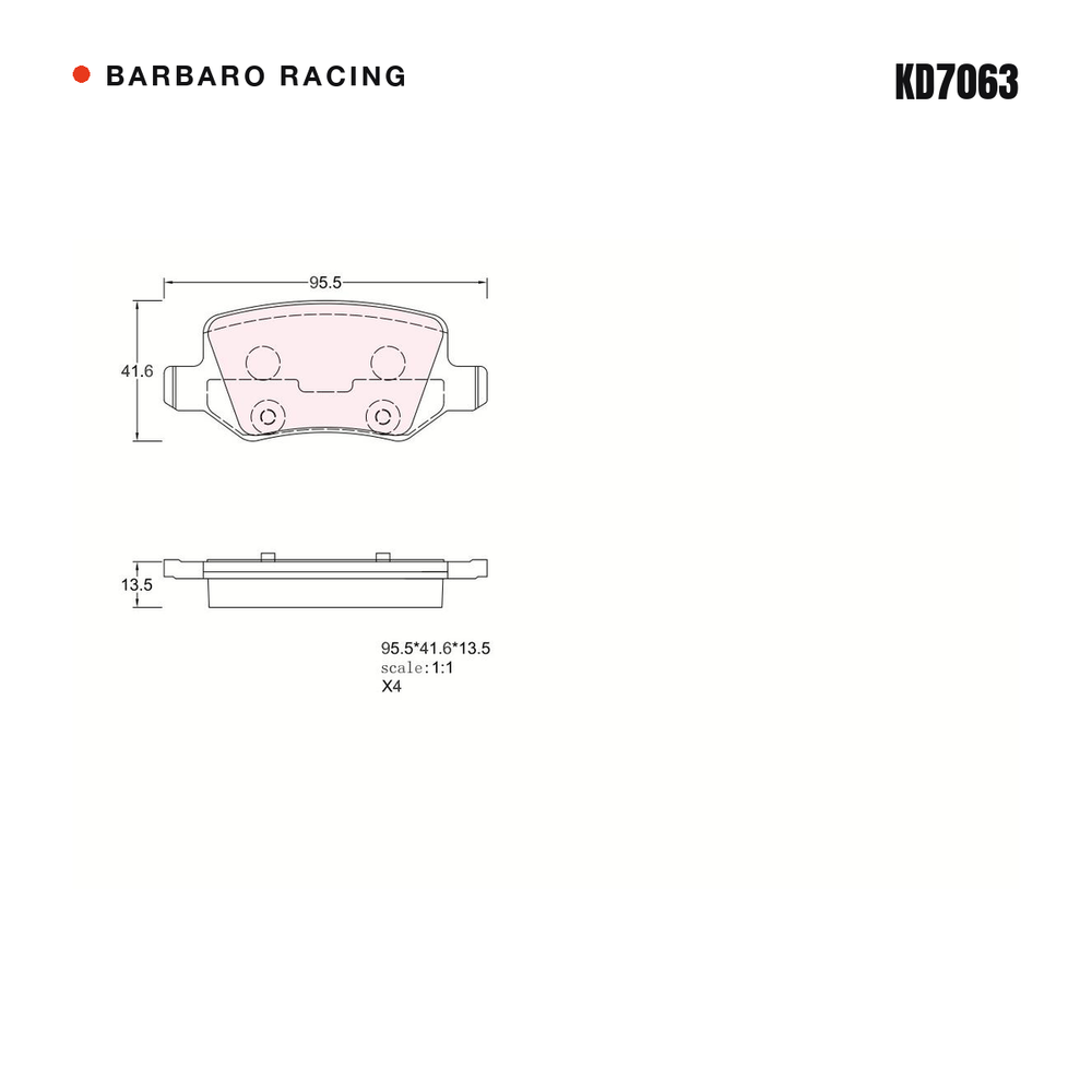 Barbaro Racing KD7063 brake pad shape drawing - 95.5 x 41.6 x 13.5 mm