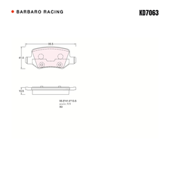 Barbaro Racing KD7063 brake pad shape drawing - 95.5 x 41.6 x 13.5 mm