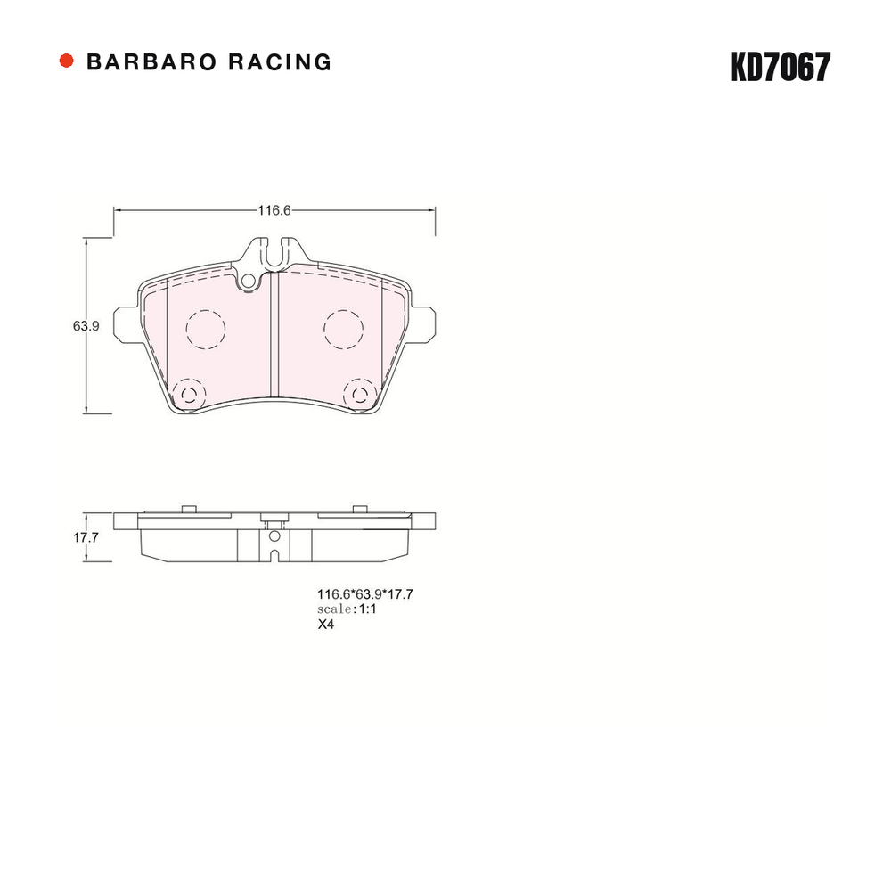 Barbaro Racing KD7067 brake pad shape drawing - 116.6 x 64 x 17.7 mm