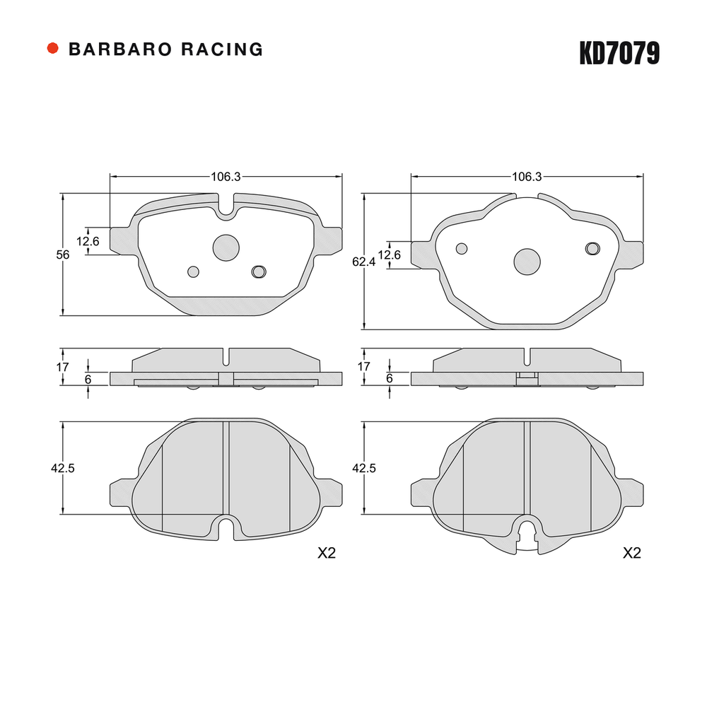 Barbaro Racing KD7079 brake pad shape drawing - 106.3 x 56 x 17 mm