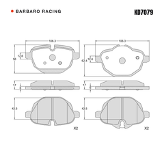 Barbaro Racing KD7079 brake pad shape drawing - 106.3 x 56 x 17 mm