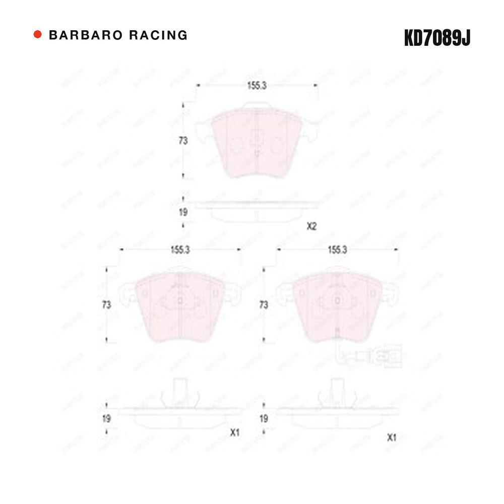 Barbaro Racing KD7089J brake pad shape drawing - 155.4 x 72.9 x 19 mm