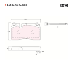 Barbaro Racing KD7106 brake pad shape drawing - 131.8 x 77.3 x 15.5 mm