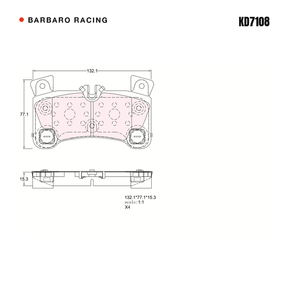 Barbaro Racing KD7108 brake pad shape drawing - 132.1 x 77.1 x 15.3 mm