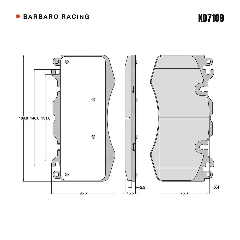Barbaro Racing KD7109 brake pad shape drawing - 189.8 x 95.5 x 15.5 mm