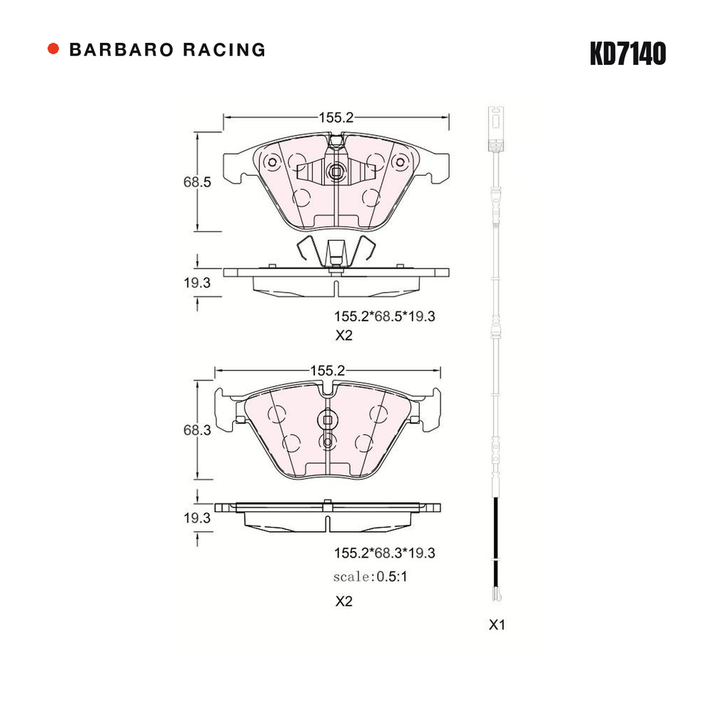 Barbaro Racing KD7140 brake pad shape drawing - 155.2 x 68.6 x 19.3 mm