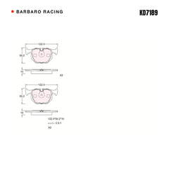 Barbaro Racing KD7189 brake pad shape drawing - 122.9 x 59.2 x 16 mm