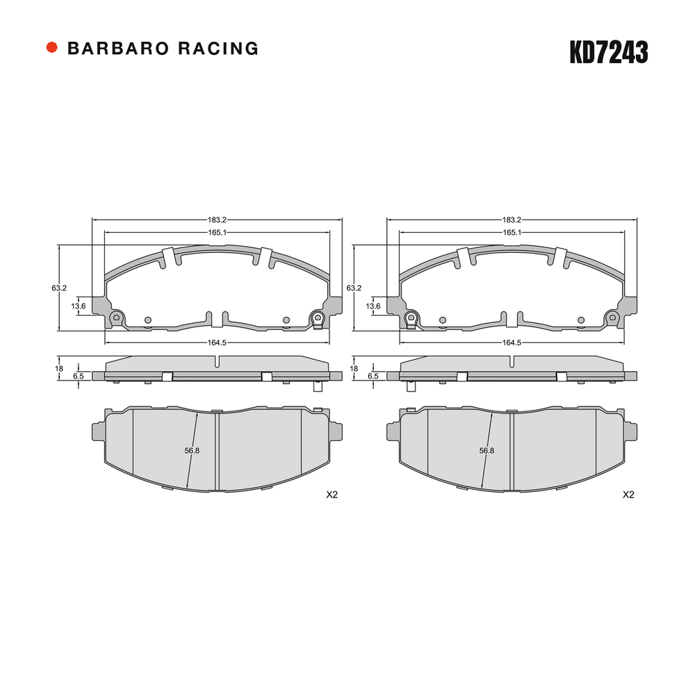 Barbaro Racing KD7243 brake pad shape drawing - 183.2 x 63.2 x 18 mm