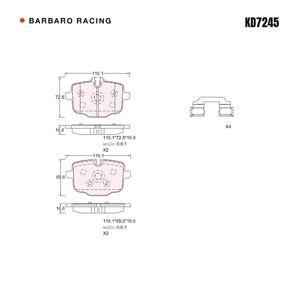 Barbaro Racing KD7245 brake pad shape drawing - 116.1 x 72.5 x 16.8 mm