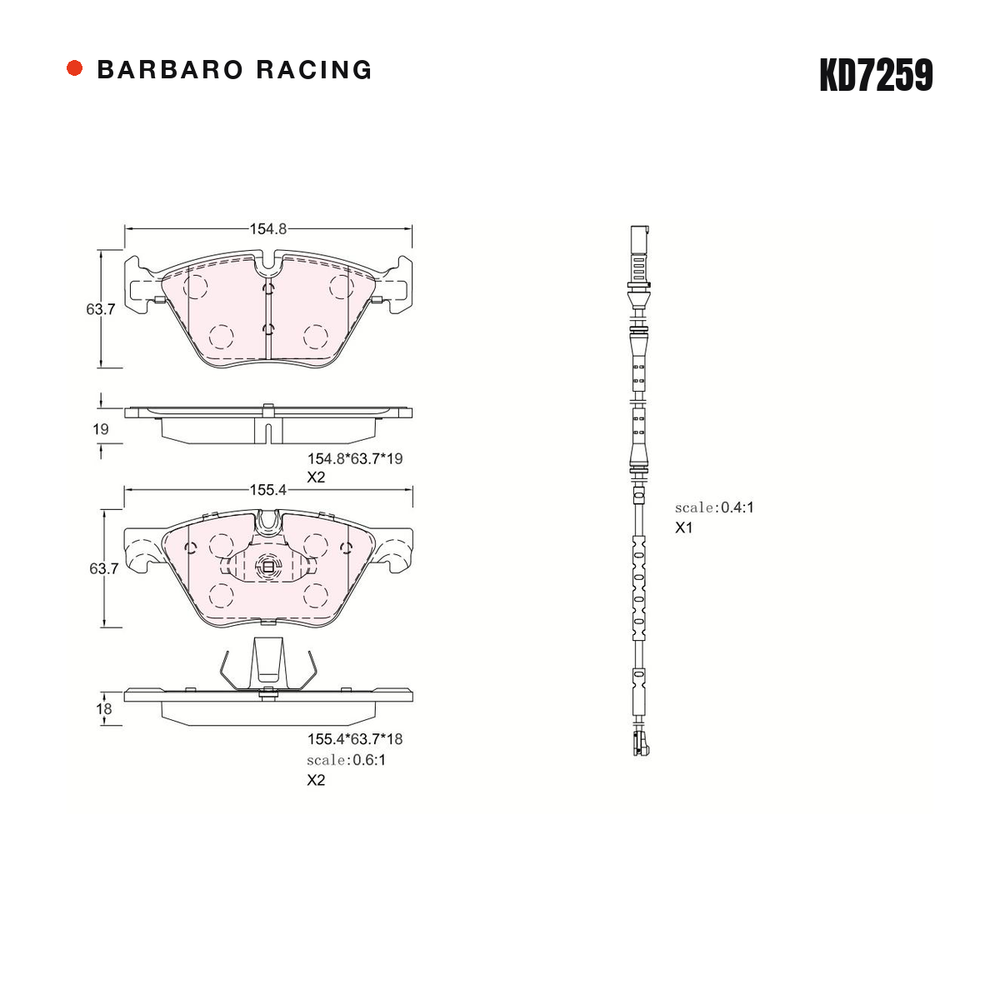 Barbaro Racing KD7259 brake pad shape drawing - 154.8 x 63.6 x 19 mm