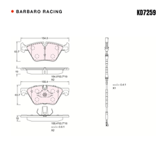 Barbaro Racing KD7259 brake pad shape drawing - 154.8 x 63.6 x 19 mm