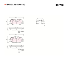 Barbaro Racing KD7283 brake pad shape drawing - 99.6 x 38.7 x 16 mm