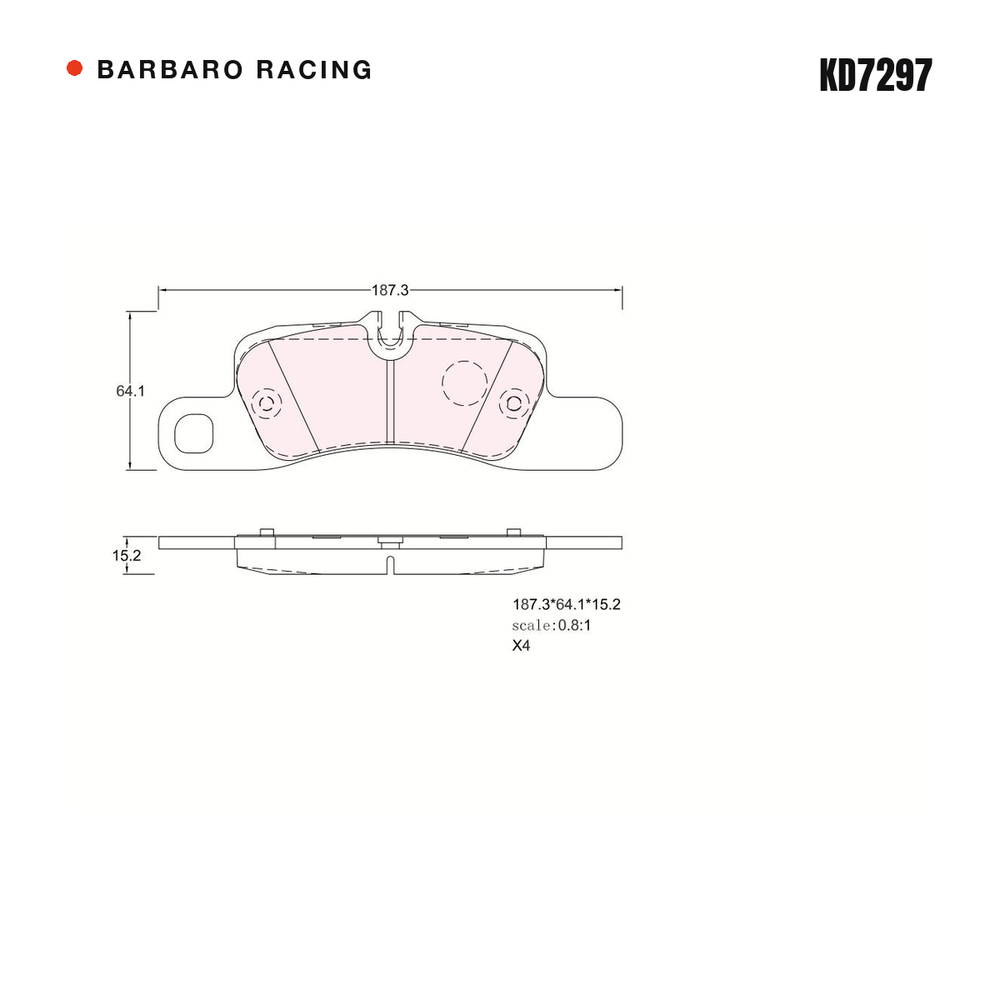 Barbaro Racing KD7297 brake pad shape drawing - 187.3 x 64.1 x 15.2 mm