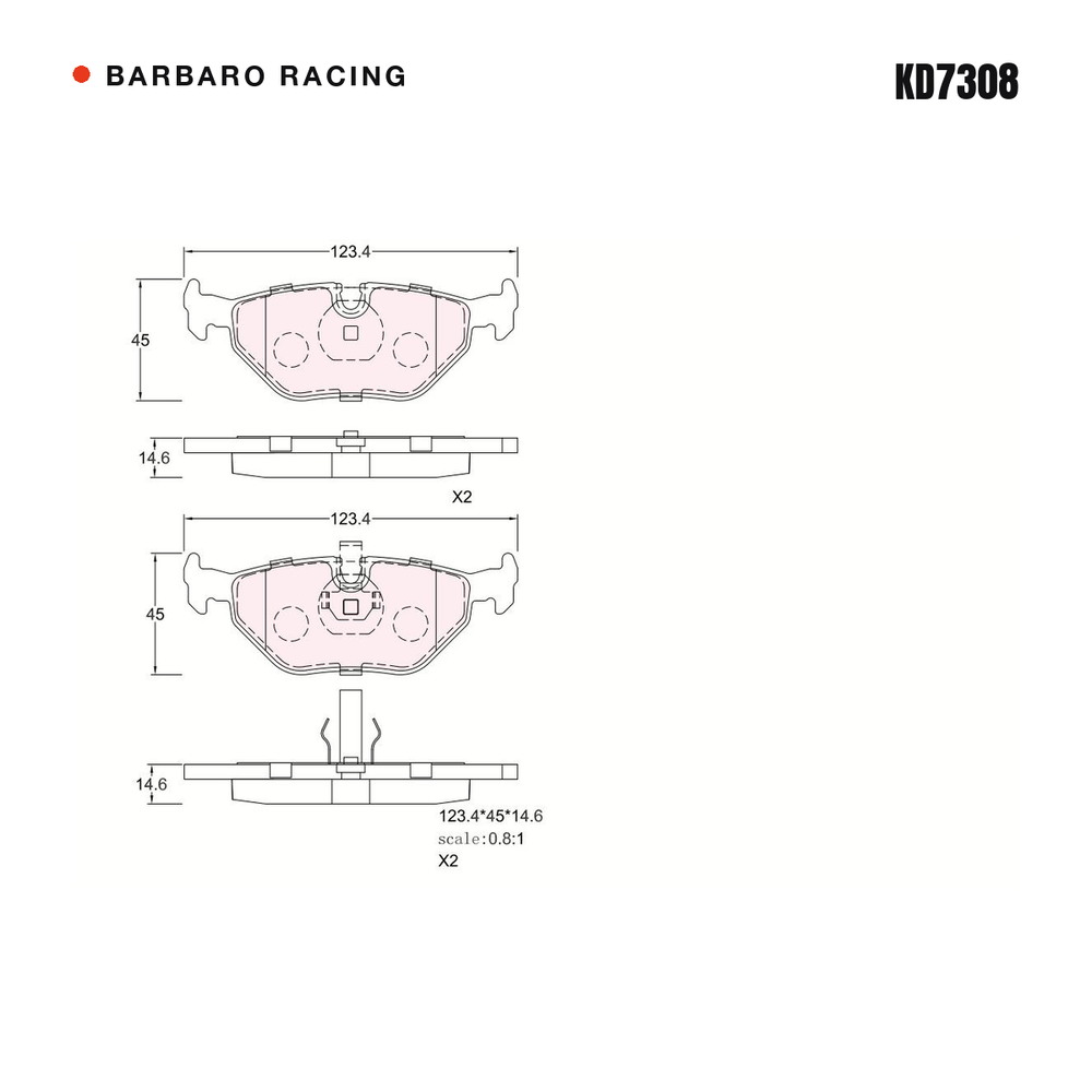 Barbaro Racing KD7308 brake pad shape drawing - 123.4 x 44.8 x 14.6 mm