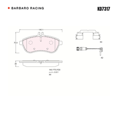 Barbaro Racing KD7317 brake pad shape drawing - 146.1 x 70.8 x 20 mm