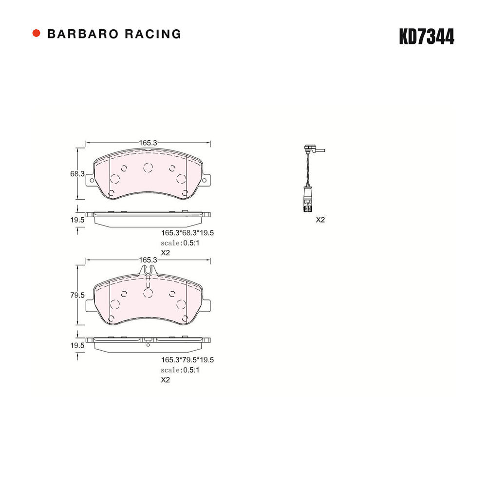 Barbaro Racing KD7344 brake pad shape drawing - 165.3 x 68.3 x 19.5 mm
