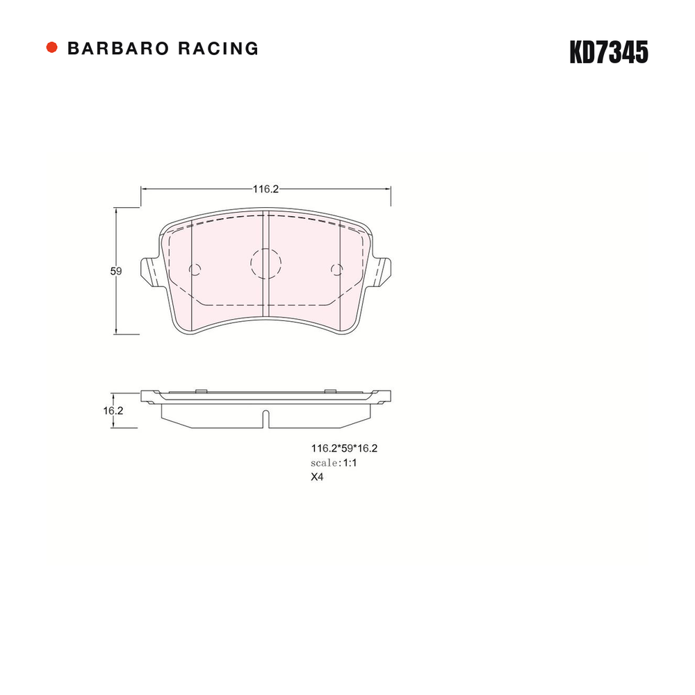 Barbaro Racing KD7345 brake pad shape drawing - 116.2 x 59 x 16.2 mm