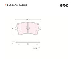 Barbaro Racing KD7345 brake pad shape drawing - 116.2 x 59 x 16.2 mm