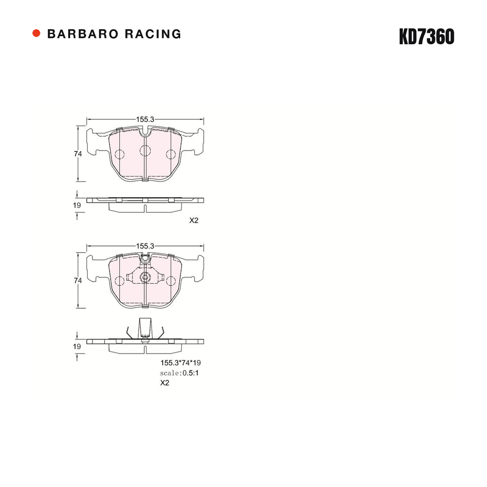 Barbaro Racing KD7360 brake pad shape drawing - 155.3 x 74 x 19 mm