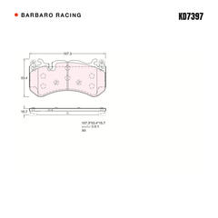 Barbaro Racing KD7397 brake pad shape drawing - 187.3 x 93.4 x 15.7 mm