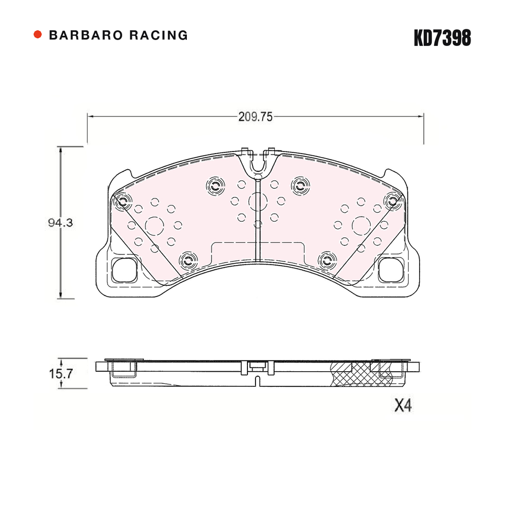 Barbaro Racing KD7398 brake pad shape drawing - 209.5 x 94.3 x 15.7 mm