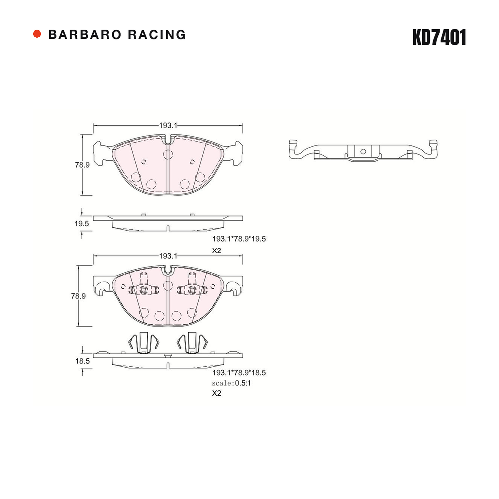 Barbaro Racing KD7401 brake pad shape drawing - 193.1 x 78.8 x 19.5 mm