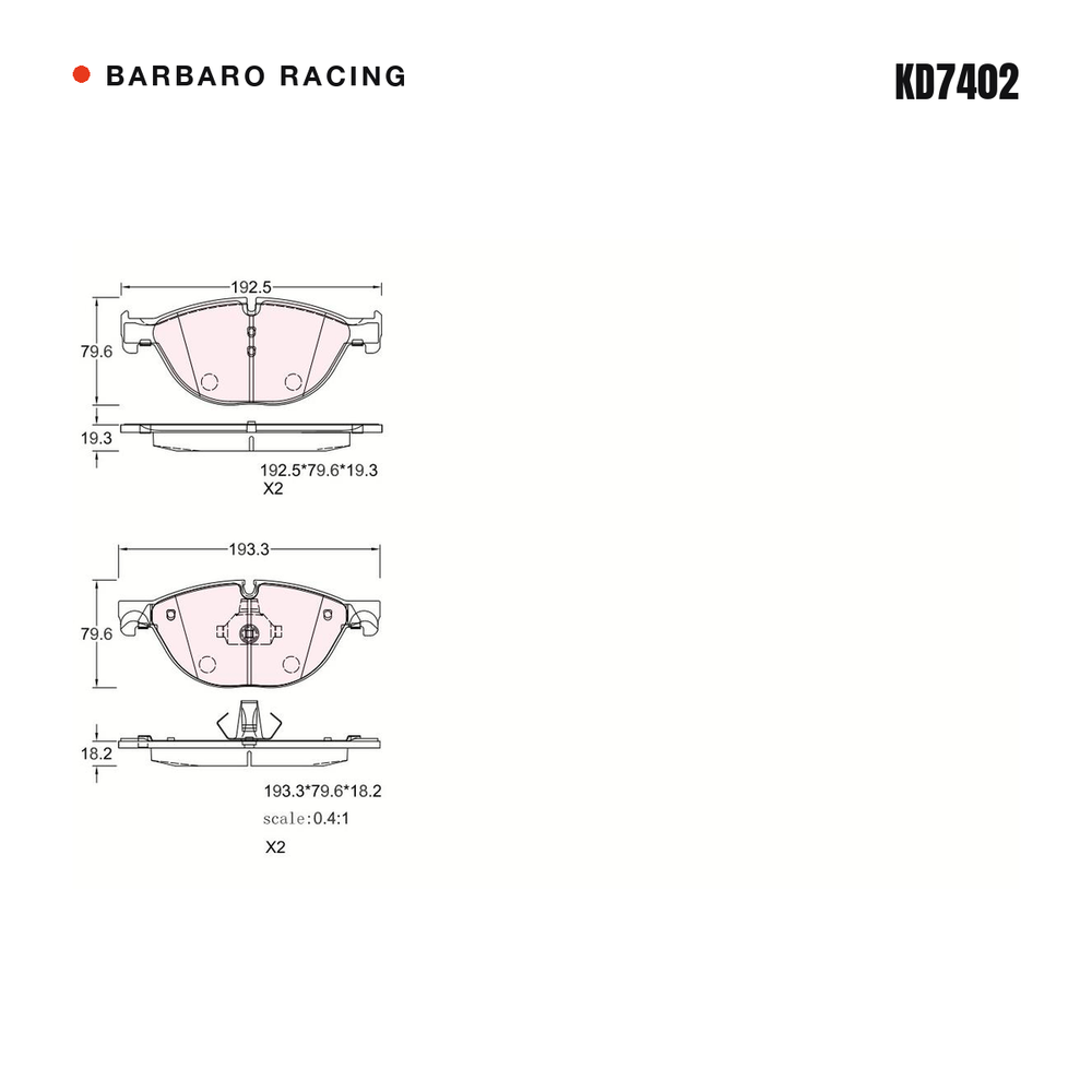 Barbaro Racing KD7402 brake pad shape drawing - 192.5 x 79.6 x 19.3 mm